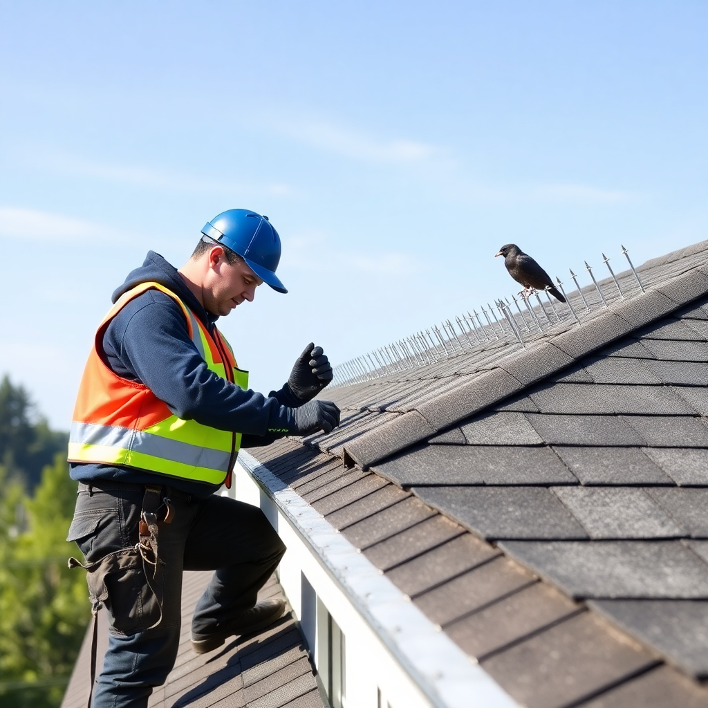 Bird control technician fitting anti-perching bird spikes along a roof ridge