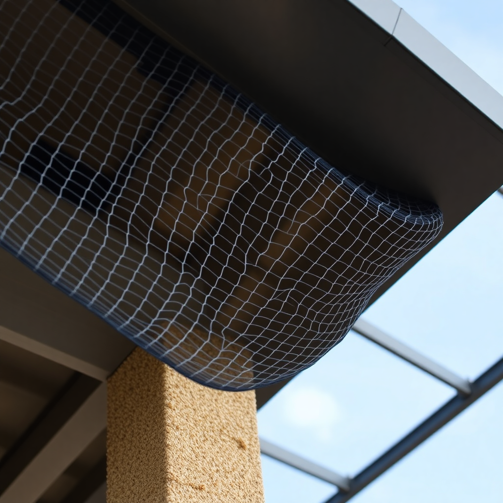 Bird netting installed beneath a commercial building canopy to prevent pigeon roosting