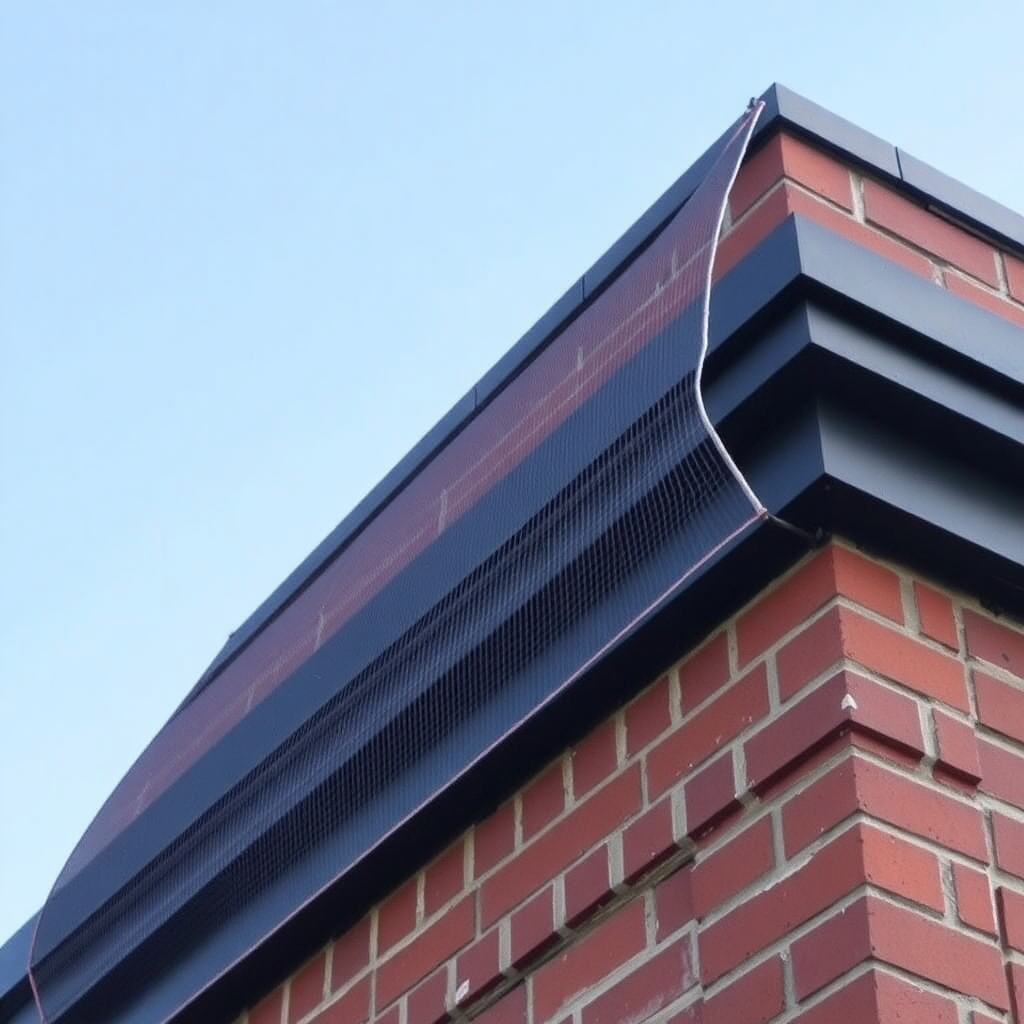 Bird netting fitted along a brick building parapet to stop pigeons roosting