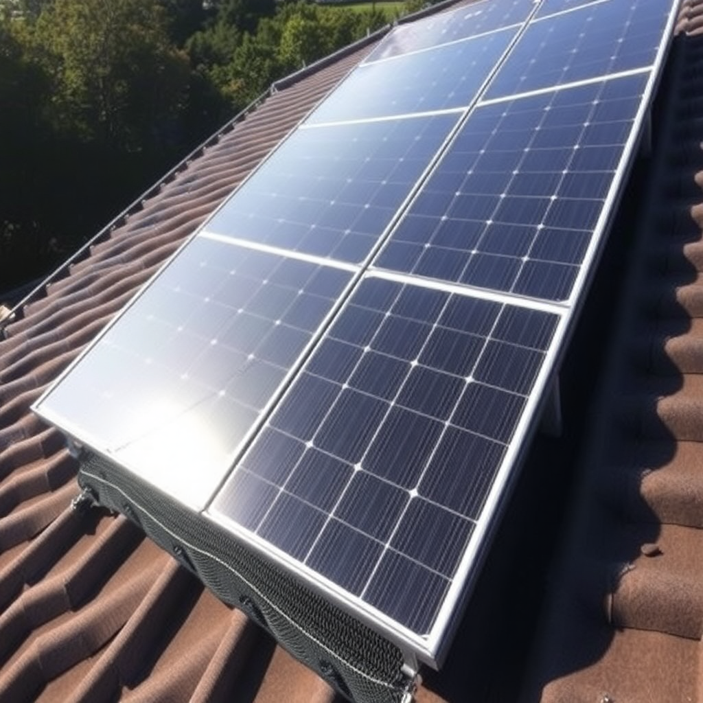 Solar panel array fitted with bird-proofing mesh to stop pigeons nesting underneath