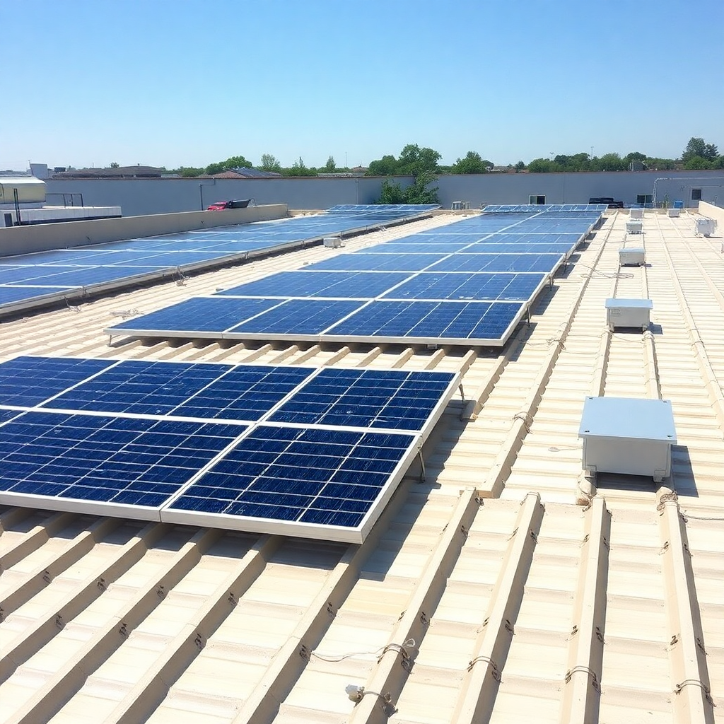 Commercial rooftop solar panel array on an industrial building